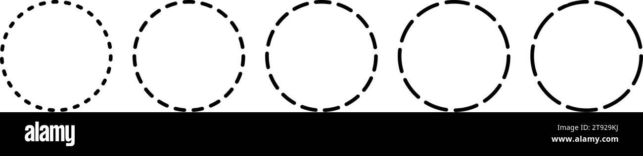 Icona del cerchio tratteggiato e punteggiato. Anelli rotti in bianco e nero. Linee arrotondate tratteggiate. Grafica monocromatica astratta. Linea del cerchio di taglio tratteggiata. Vettore Illustrazione Vettoriale