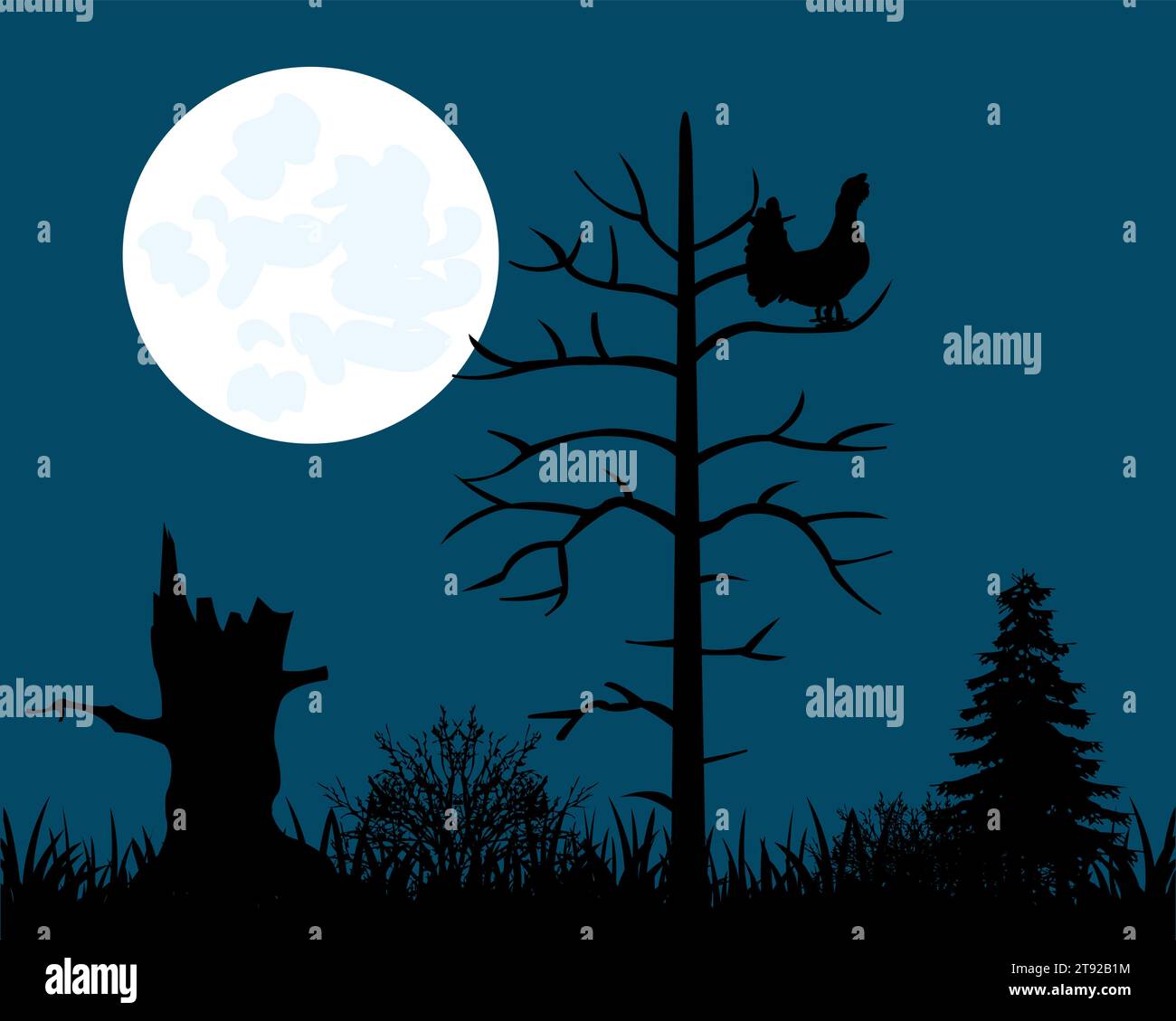 Paesaggio fiabesco, cielo lunare e silhouette in legno Illustrazione Vettoriale