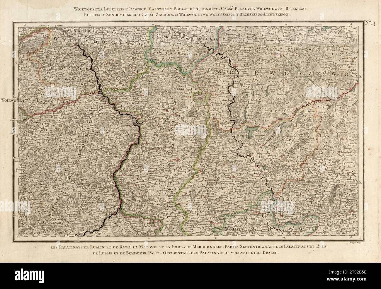Mappa dei voivodati polacchi di Lublino, Rawa, Masovia e Podlasie di Zanonni, mappa della Polonia, mappa del voivodato di Lublino, mappa del voivodato di Rawa, Masovia Foto Stock