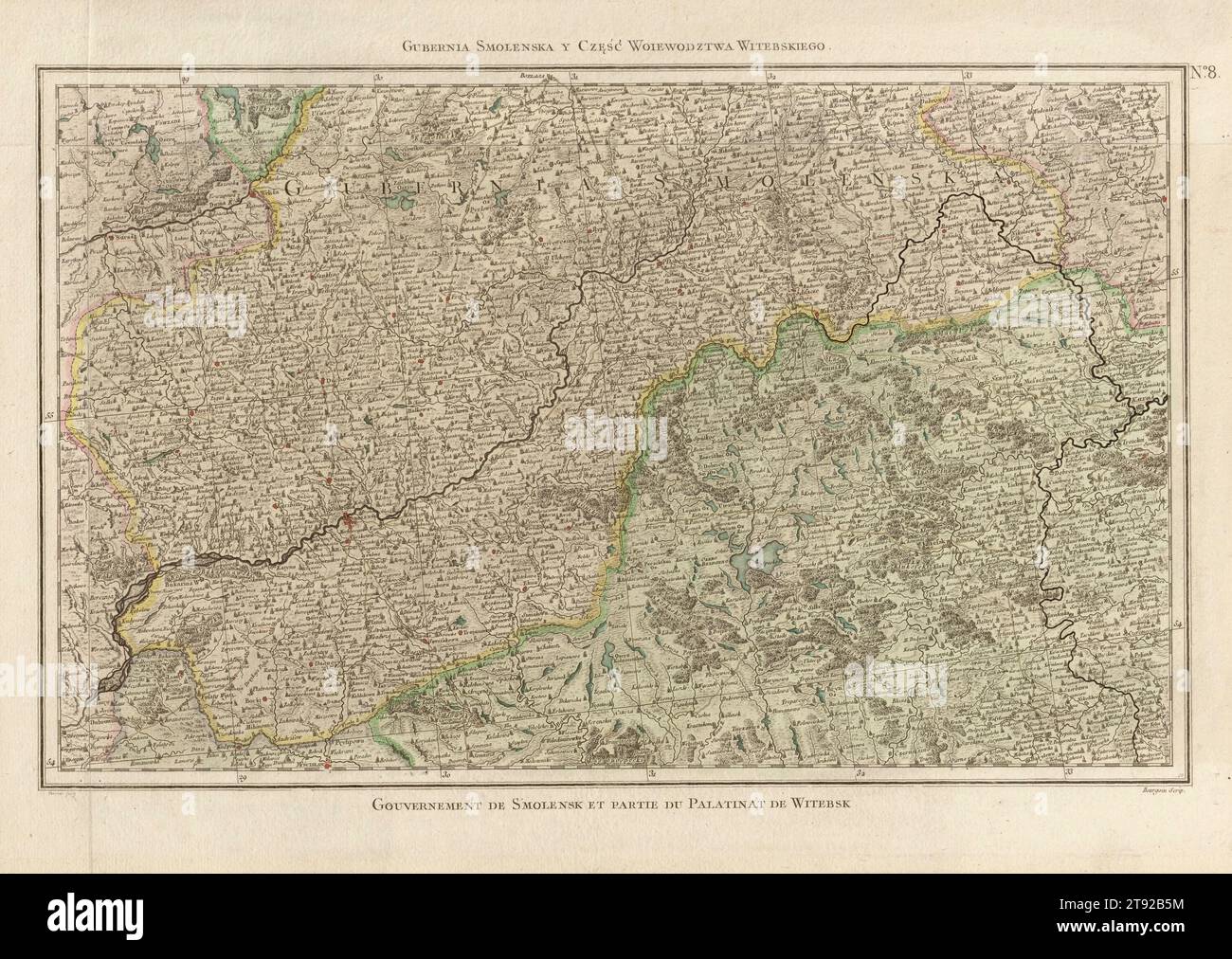 Mappa del Governatorato di Smolensk e parte del voivodato di Vitebsk, mappa del Governatorato di Smolensk, mappa del voivodato di Vitebsk, mappe dell'Europa orientale Foto Stock