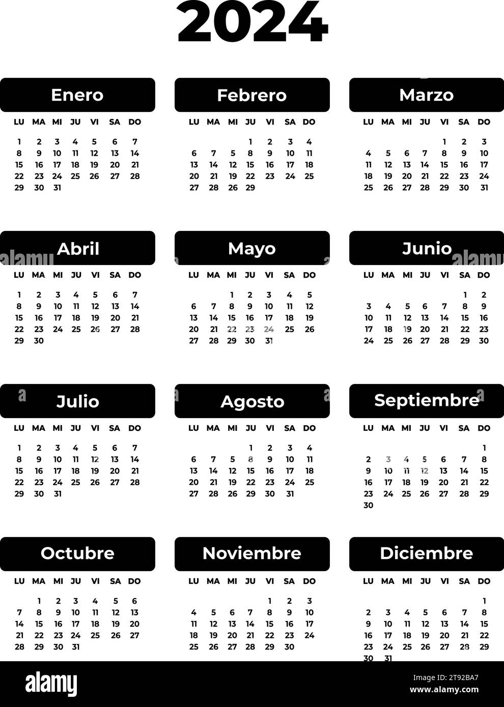 Calendario nero verticale spagnolo rettangolare per 2024 anni. Sfondo bianco. Immagine vettoriale isolata. Modello illustrativo per il design, il planner Illustrazione Vettoriale