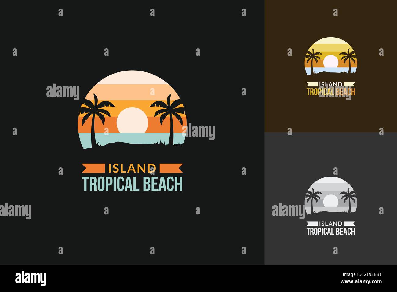 Logo della spiaggia tropicale al tramonto con due palme vicino alla costa di un'isola tropicale Illustrazione Vettoriale