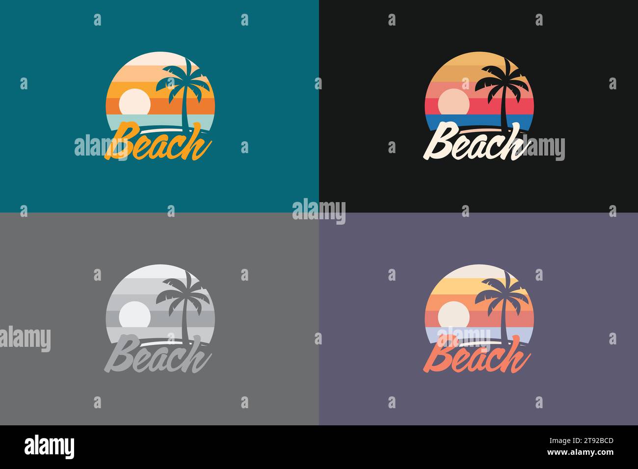 Disegno illustrativo del logo della spiaggia con una palma su un'isola tropicale al tramonto Illustrazione Vettoriale