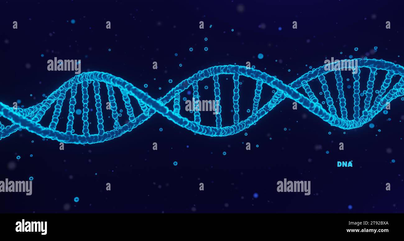 Spirale di elica poligonale astratta del DNA della molecola 3d con struttura a reticolo su blu. Scienza medica, biotecnologia genetica, biologia chimica, vettore di concetto di cellula genica Foto Stock