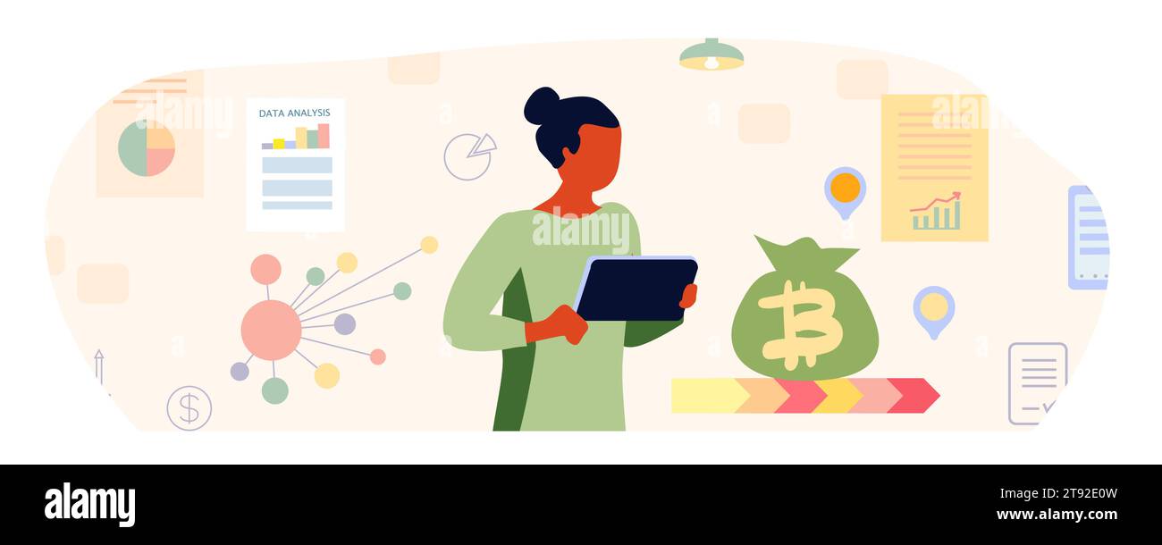 Uomo con grafico che analizza la crescita e la valutazione dei profitti finanziari. Uomo d'affari per entrate e spese, notebook, nota. Calcolo delle entrate e delle spese. Illustrazione vettoriale piatta dei cartoni animati, non IA, disegnata a mano Illustrazione Vettoriale