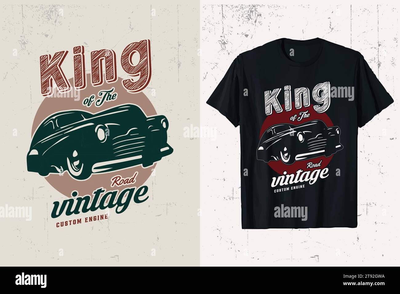 T-shirt da auto d'epoca King of the Road. t-shirt vector old classic car. stampa grafica in bianco e nero. Illustrazione Vettoriale