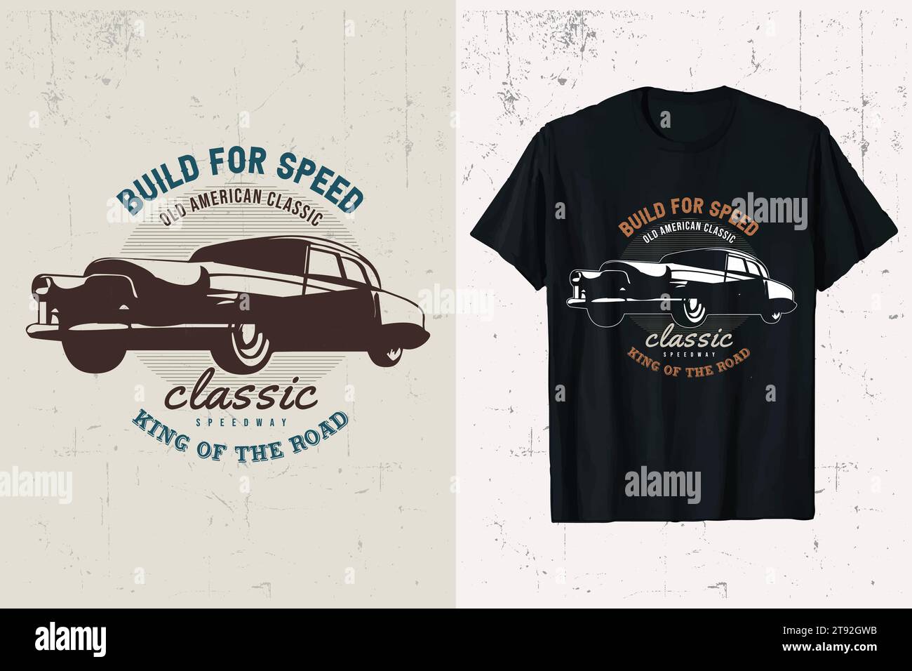 T-shirt da auto classica. Auto d'epoca americane, il re della strada. stampe grafiche della t-shirt old cars in bianco e nero. Illustrazione Vettoriale