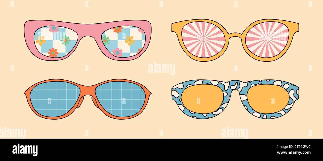 Eleganti occhiali da sole retrò dal design psichedelico. arte vettoriale ispirata agli anni '70 Illustrazione Vettoriale