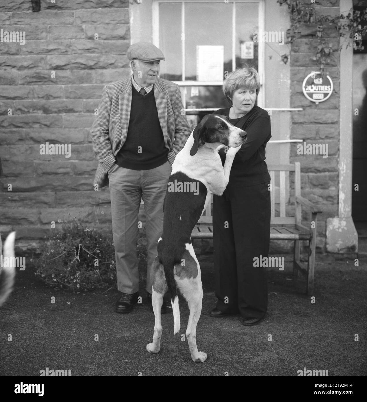 Caccia alla volpe nel Regno Unito, Lake District, Blencathra Foxhounds. I Hounds sviluppano un forte legame con le famiglie con cui vanno a camminare ogni estate. L'incontro all'Old Crown. Hesket Newmarket, Cumbria. 2002, 2000 Inghilterra HOMER SYKES Foto Stock