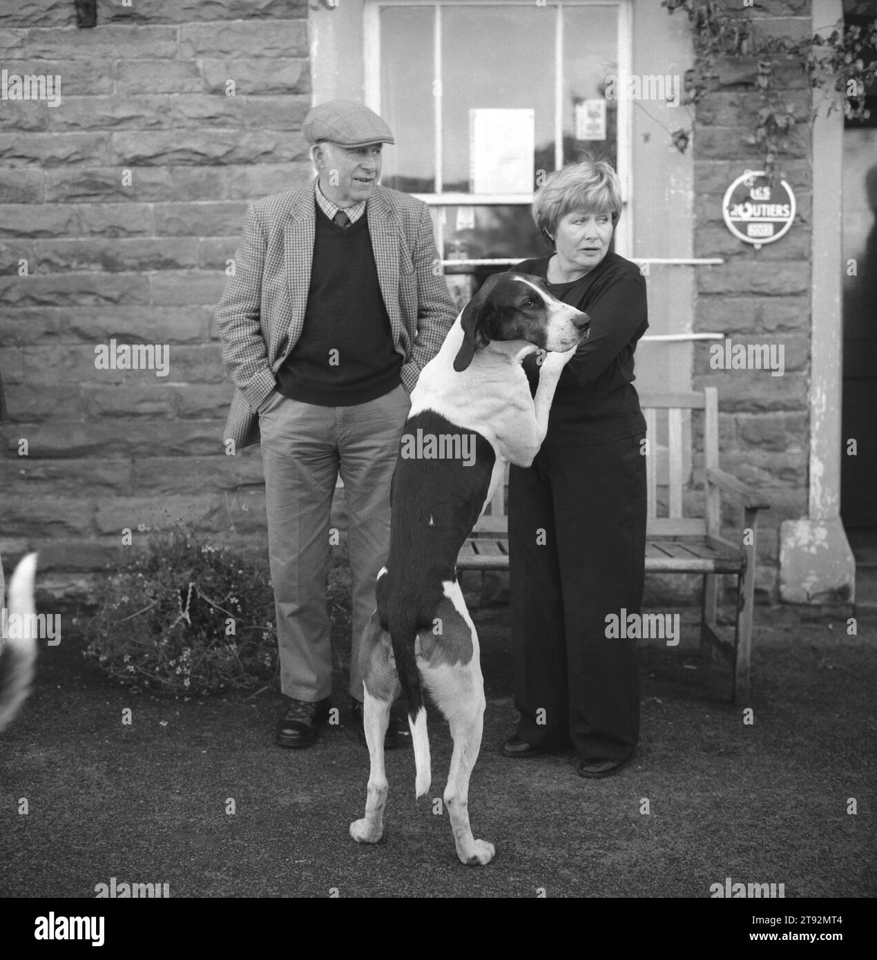 Fox Hunting UK, Lake District, Blencathra Foxhounds. Gli Hounds sviluppano un forte legame con le famiglie con cui vanno a camminare ogni estate. L'incontro all'Old Crown. Hesket Newmarket, Cumbria. 2002, 2000 Inghilterra HOMER SYKES Foto Stock