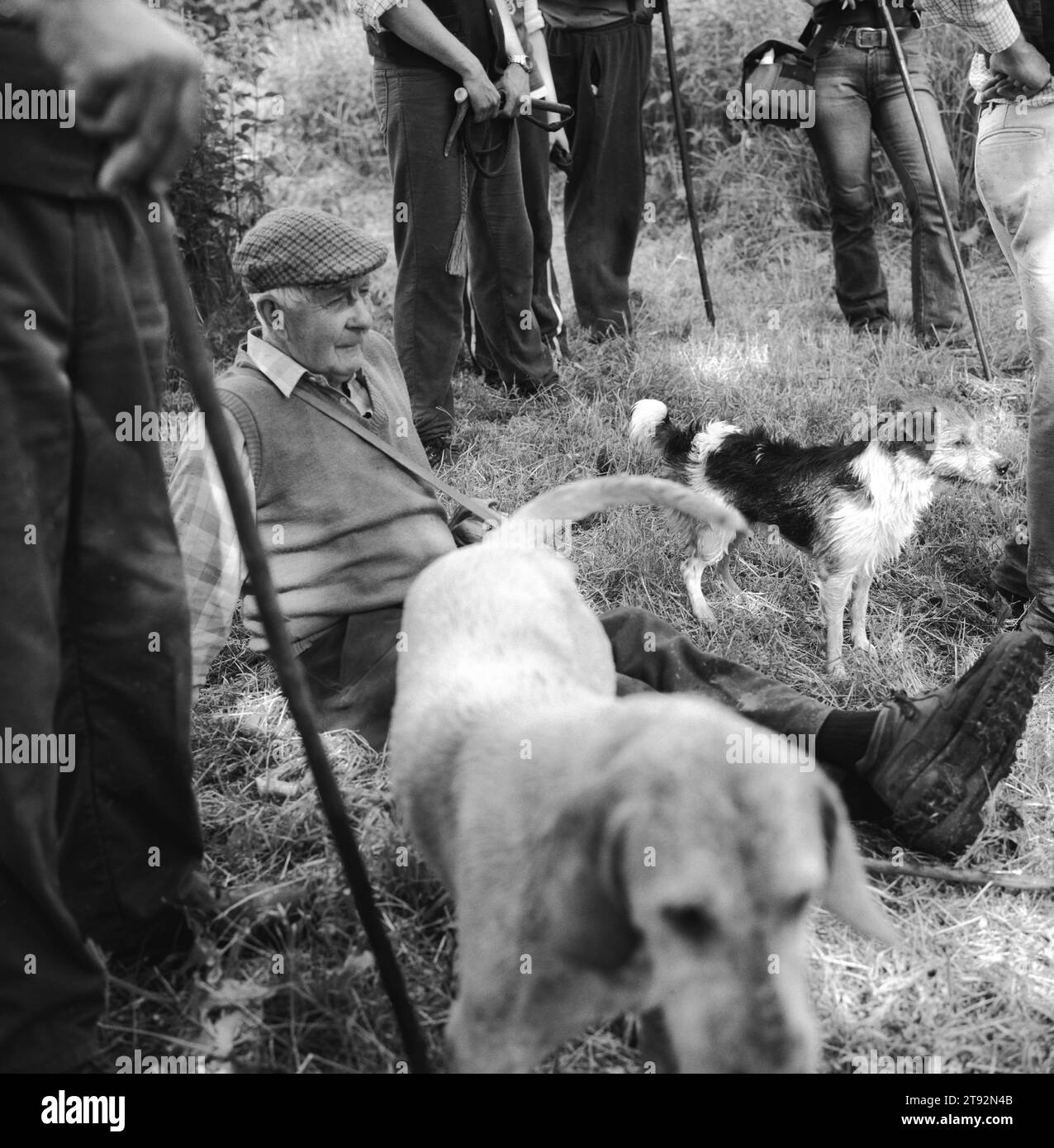 Mink Hunting Regno Unito. I Valley Minkhounds, seguaci che riposano sulla riva del fiume in una giornata estiva molto calda. Fiume Enborne, vicino ad Aldermaston, Berkshire 2002, Inghilterra degli anni '2000 HOMER SYKES Foto Stock