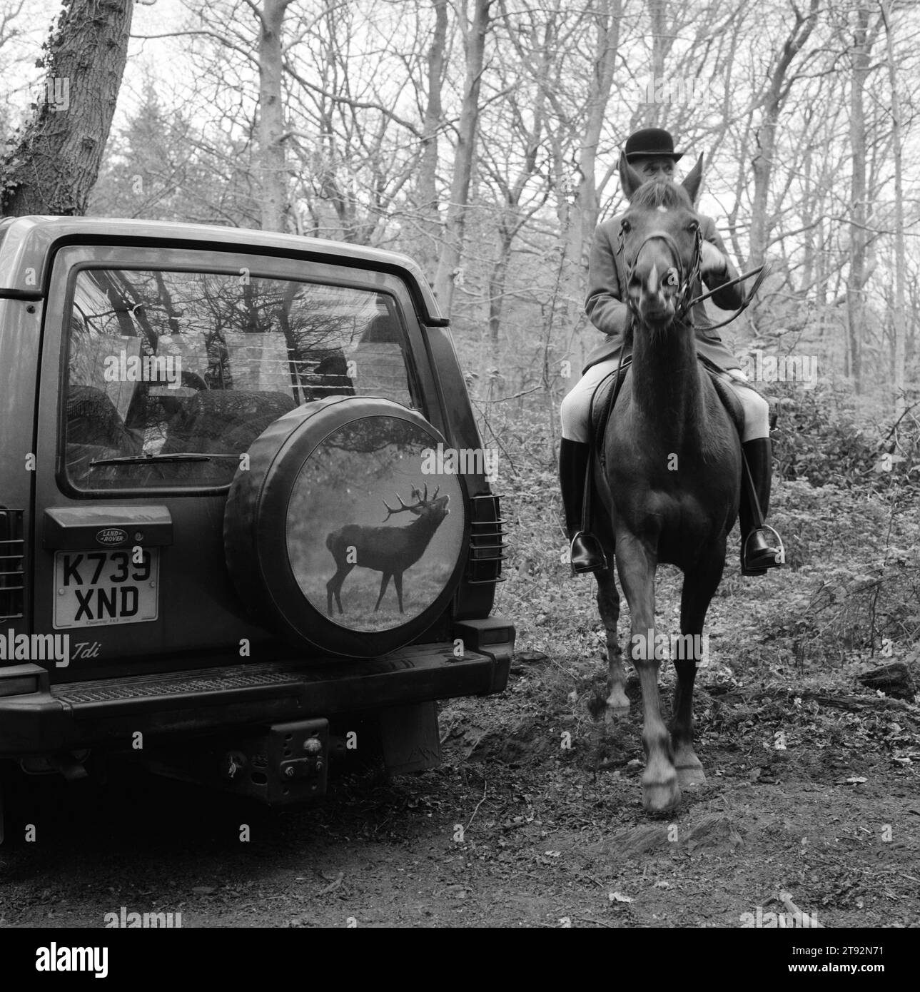 I Quantock Staghounds. Si passa molto tempo ad aspettare mentre il cacciatore cerca di individuare il profumo dei quarri. Quantock Hills, Somerset.2002, 2000s UK HOMER SYKES Foto Stock