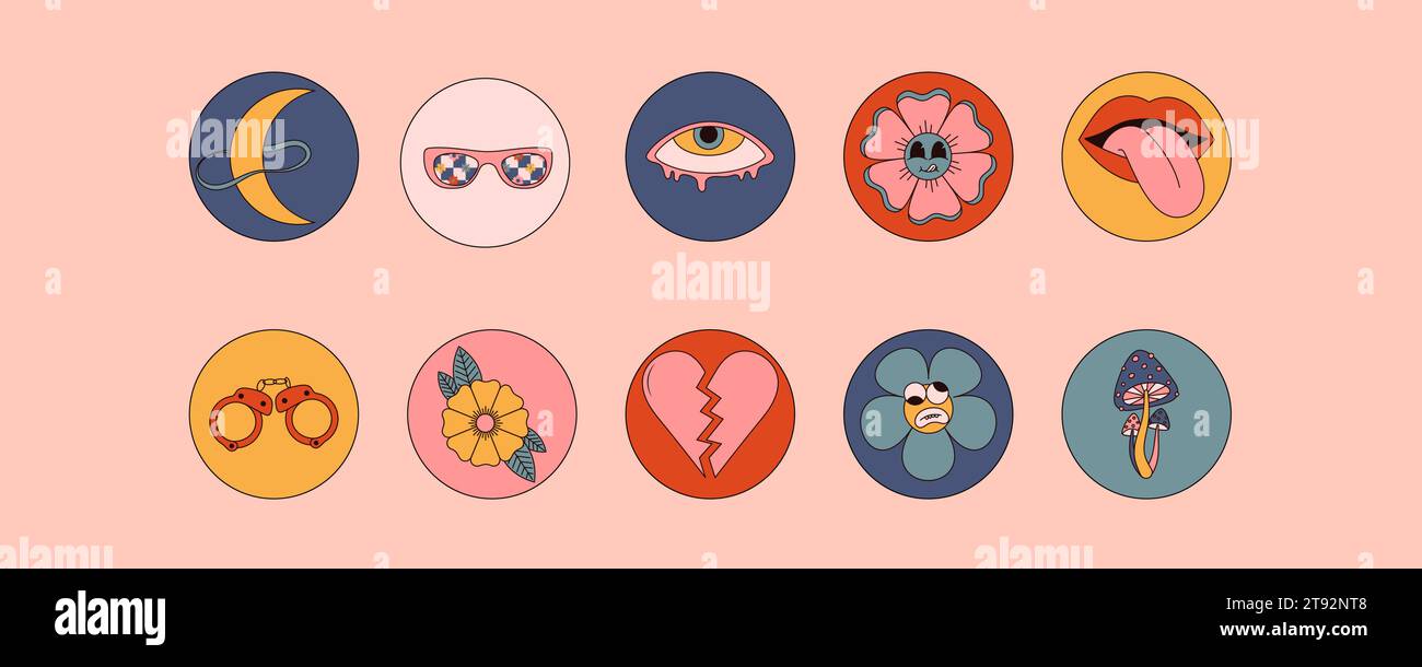 Set di adesivi scanalati. Funghi, fiori, labbra, cuore, occhiali da sole e altro ancora. grafica vettoriale ispirata agli anni '70 Illustrazione Vettoriale