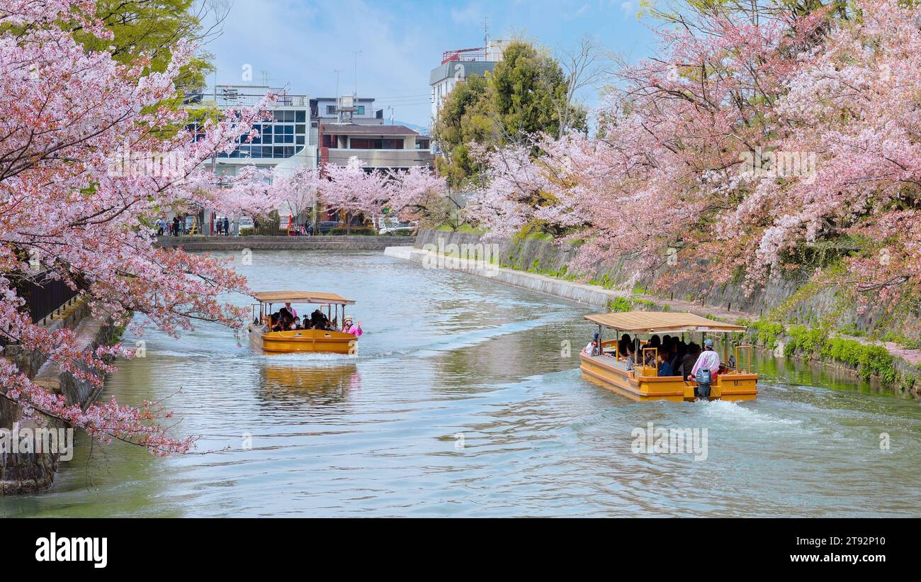 Kyoto, Giappone - 2 aprile 2023: Il giro in barca Okazaki Jikkokubune effettua una crociera di tre chilometri dal molo delle barche di Nanzenji alla diga di Ebisu e ritorno Foto Stock