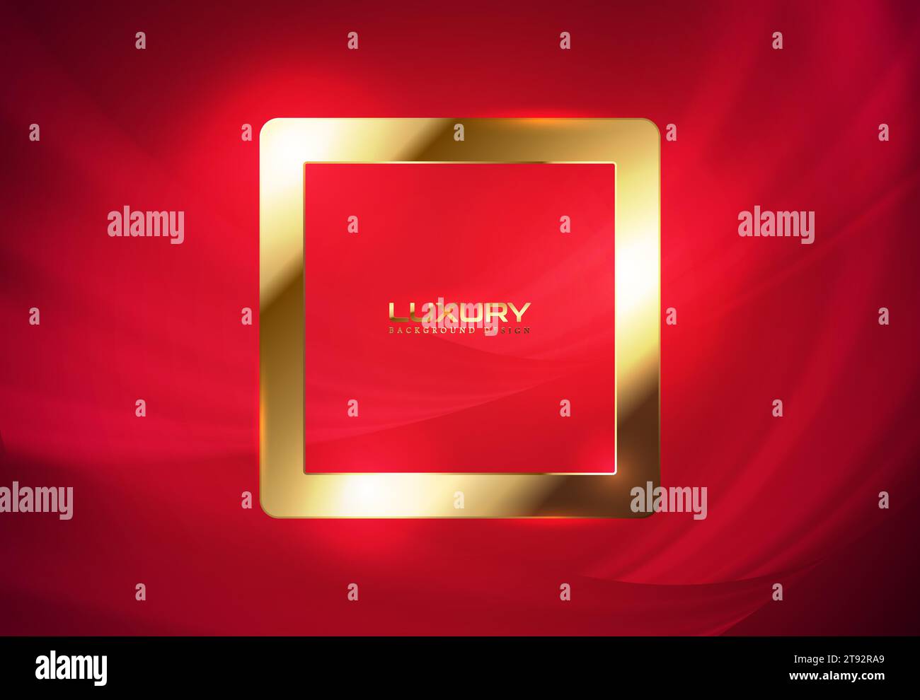 Cornice quadrata lucida e dorata. Bordo per logo, nome, etichetta. Cornice realistica in oro, elegante design astratto con motivo di flusso di fondo rosso. Vettore Illustrazione Vettoriale