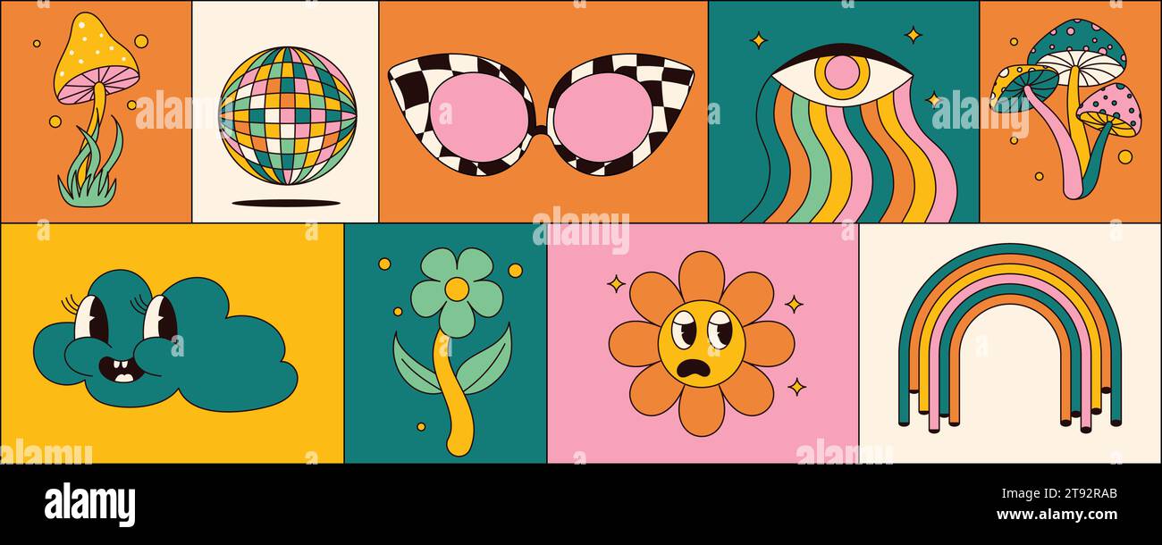 Set di adesivi scanalati. Funghi, arcobaleno, fiori, occhi, occhiali da sole e molto altro ancora. grafica vettoriale ispirata agli anni '70 Illustrazione Vettoriale