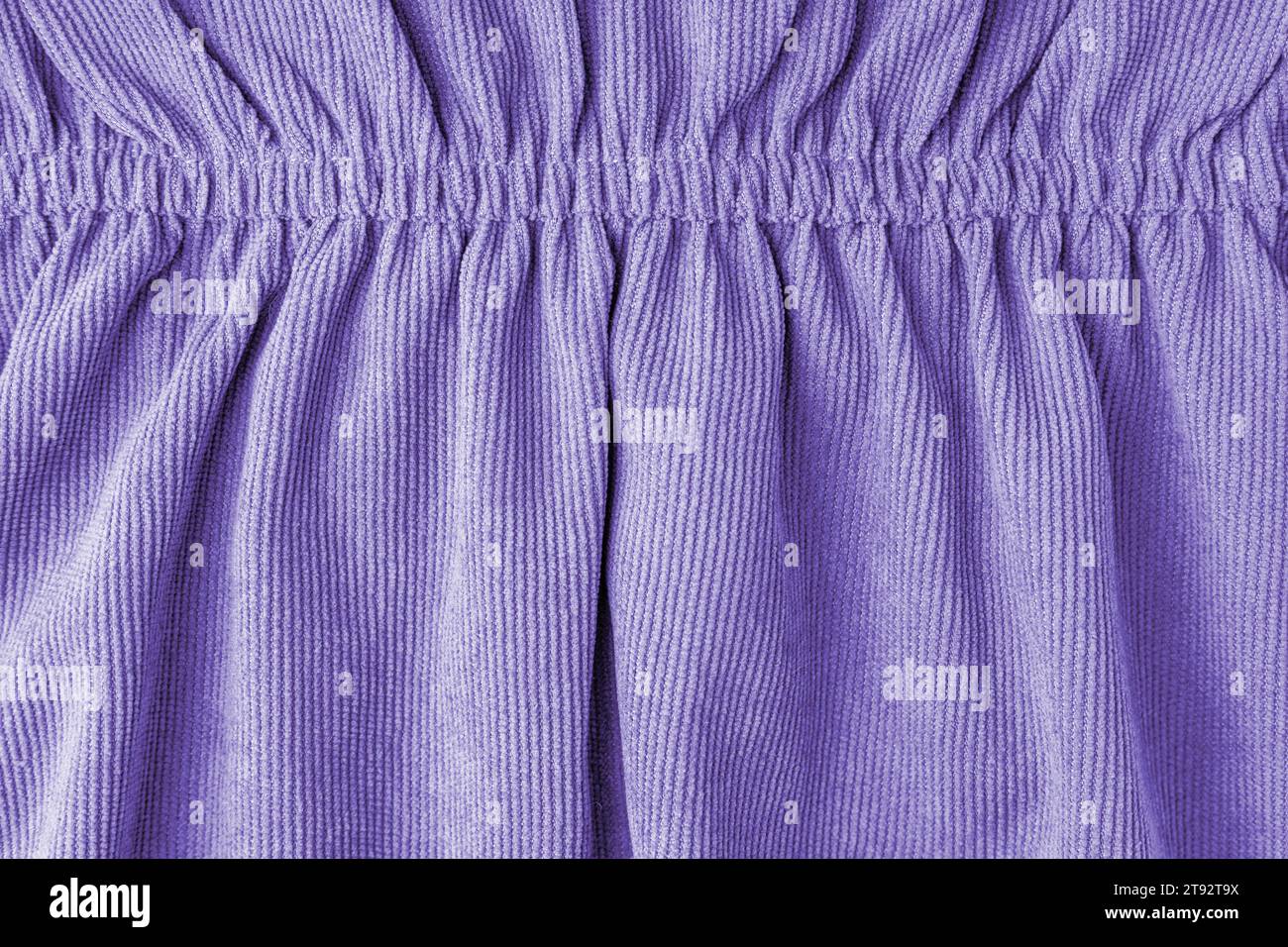 Tessuto in velluto viola raccolto con primo piano elastico. Texture velveteen con pieghe e tendaggi. Superficie in tessuto, sfondo tessile, carta da parati, sfondo Foto Stock