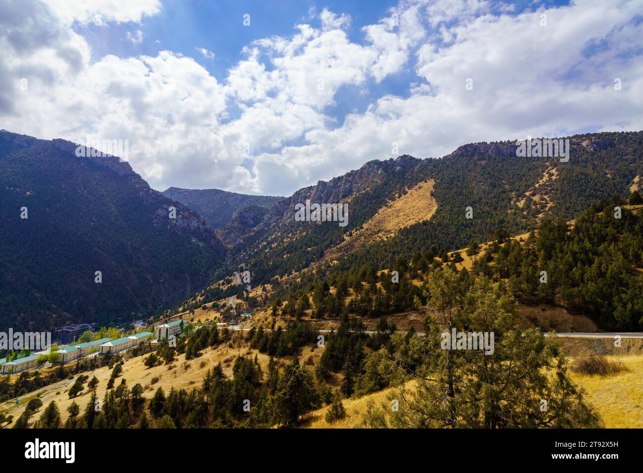 Montagne ricoperte di erba e alberi e cielo nuvoloso in un giorno nella riserva di Zaamin. Paesaggio montano. Foto Stock