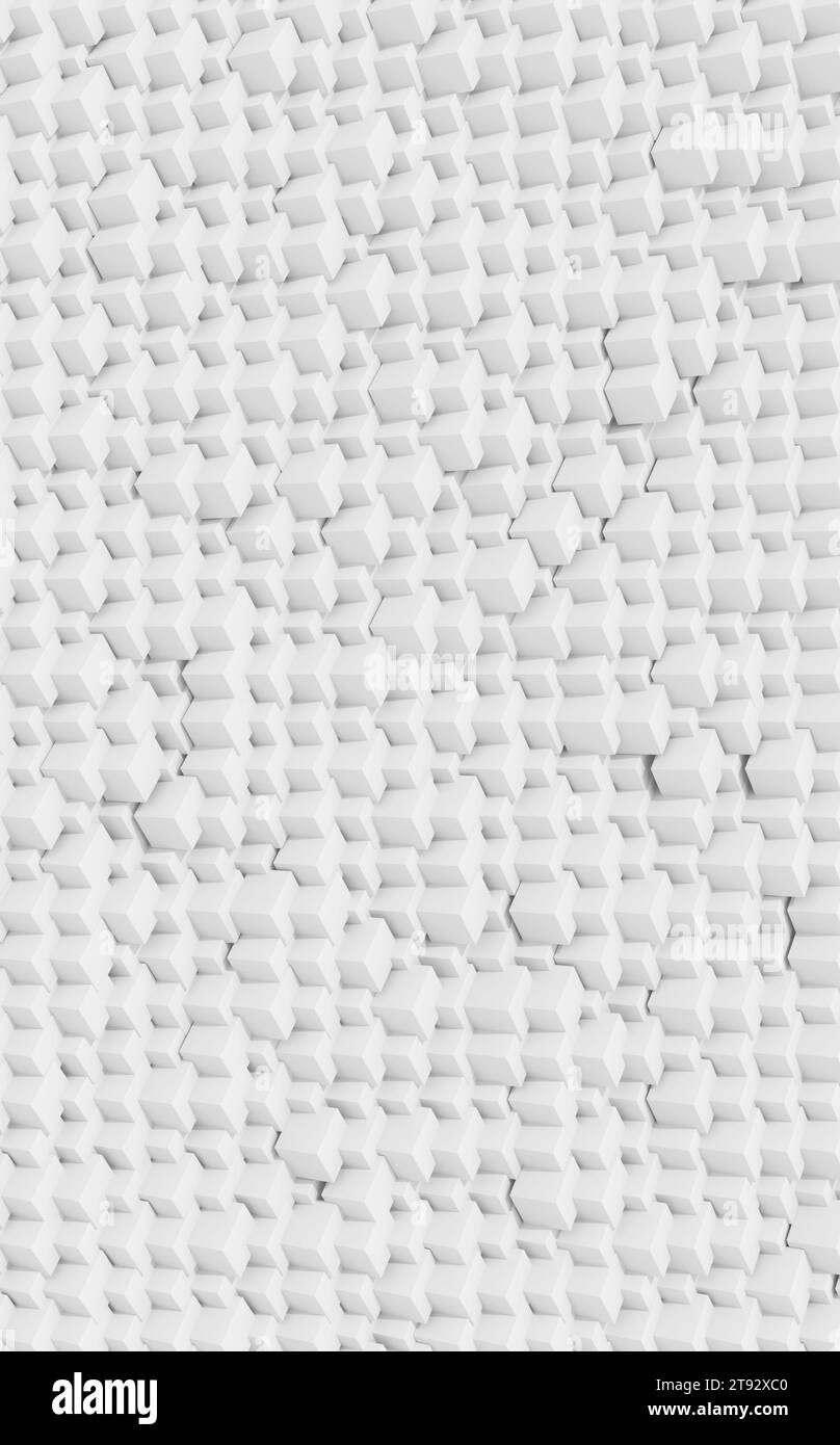 Un caos astratto di motivi a cubi organizzati su sfondo bianco. rendering 3d. Foto Stock