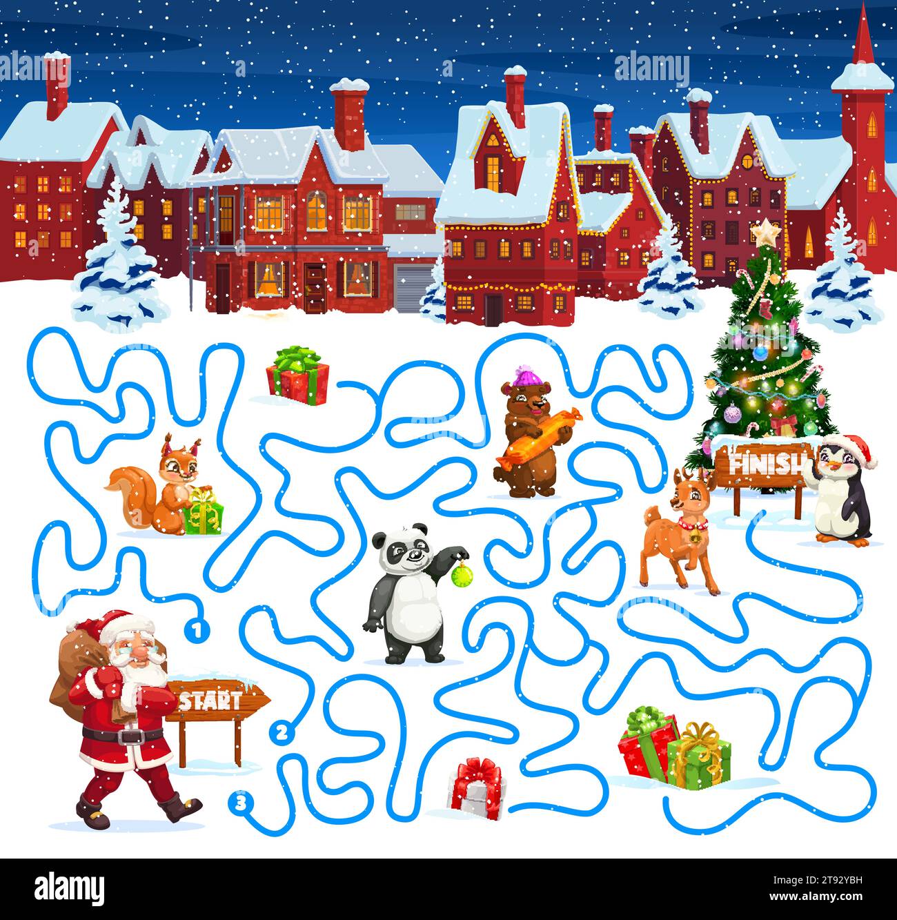 Labirinto di labirinto natalizio con personaggi natalizi. Foglio di lavoro del gioco da tavolo vettoriale per bambini con Babbo Natale, scoiattolo, panda, orso e cervo o pinguino con regali vicino al pino. Gioco da tavolo con percorso aggrovigliato Illustrazione Vettoriale