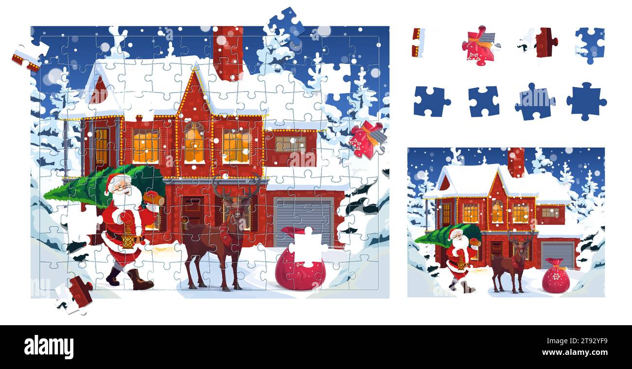 Pezzi puzzle, casa natalizia invernale e Babbo Natale con renne e regali, foglio di lavoro vettoriale. Puzzle per bambini da abbinare e adattare correttamente i pezzi di foto alla città delle vacanze invernali Illustrazione Vettoriale