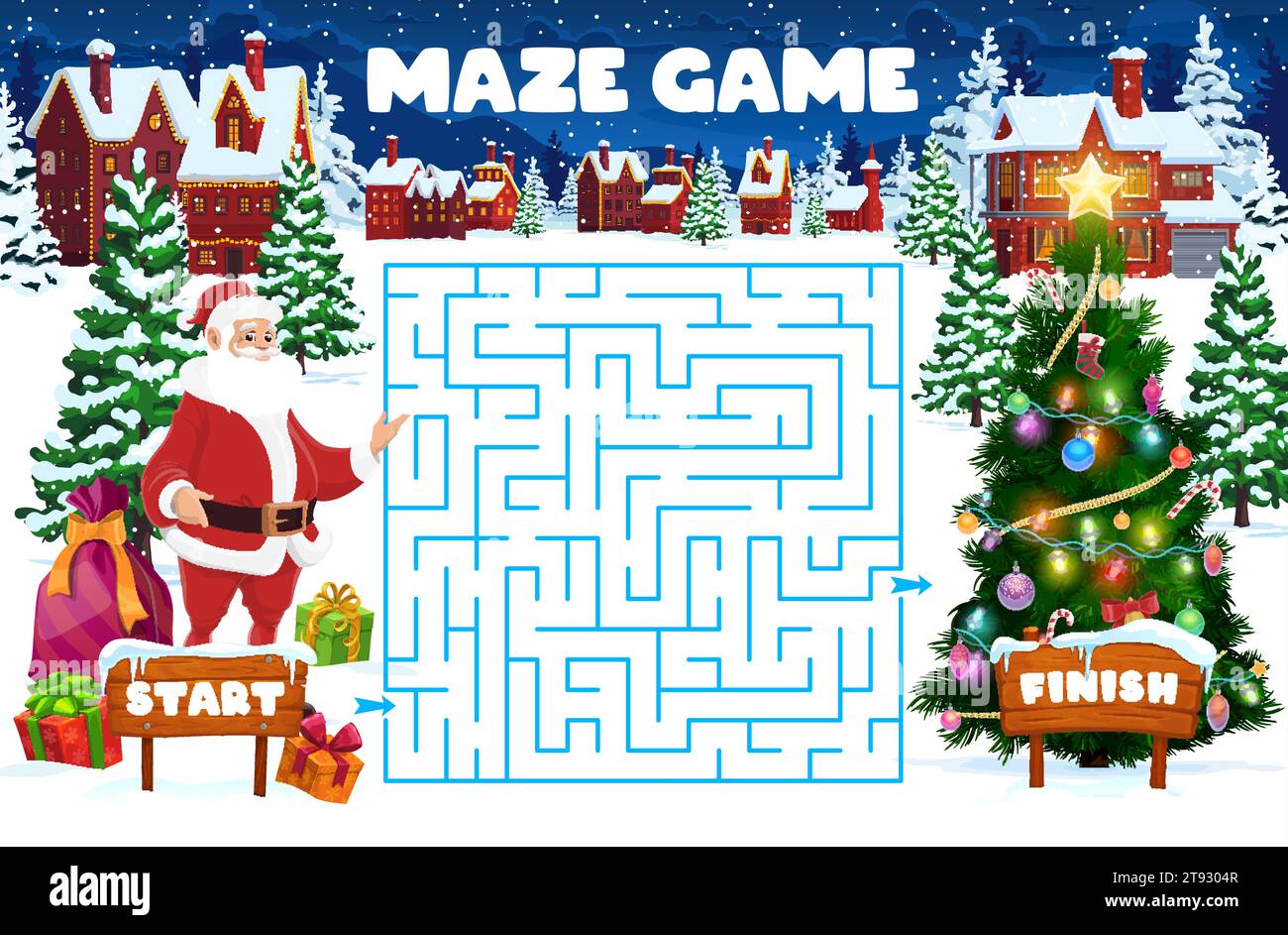 Labirinto di labirinto natalizio, foglio di lavoro per bambini con giochi da tavolo vettoriali per aiutare Babbo Natale a regalare regali al pino natalizio. Gioco da tavolo con percorso aggrovigliato, inizio e fine, cartoni animati educativi bambini enigma, test Illustrazione Vettoriale