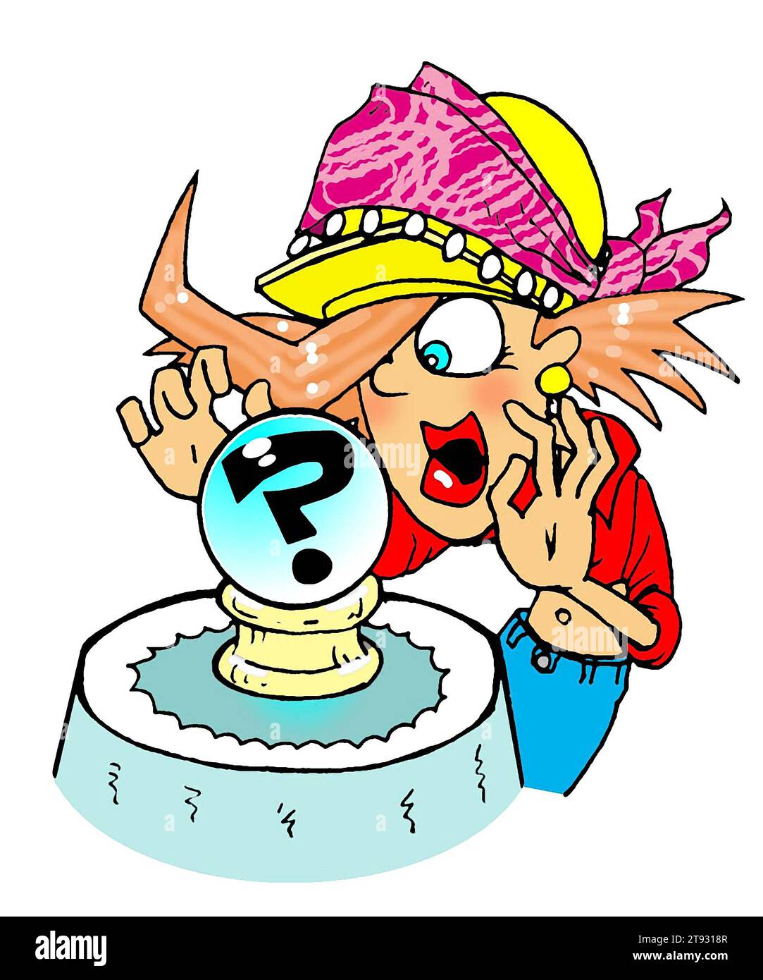 Concept art Woman in hardhat come indovino, guardando nella sfera di cristallo, nell'edilizia, nelle tendenze del settore, nel futuro, nell'incertezza economica del budget elettorale Foto Stock