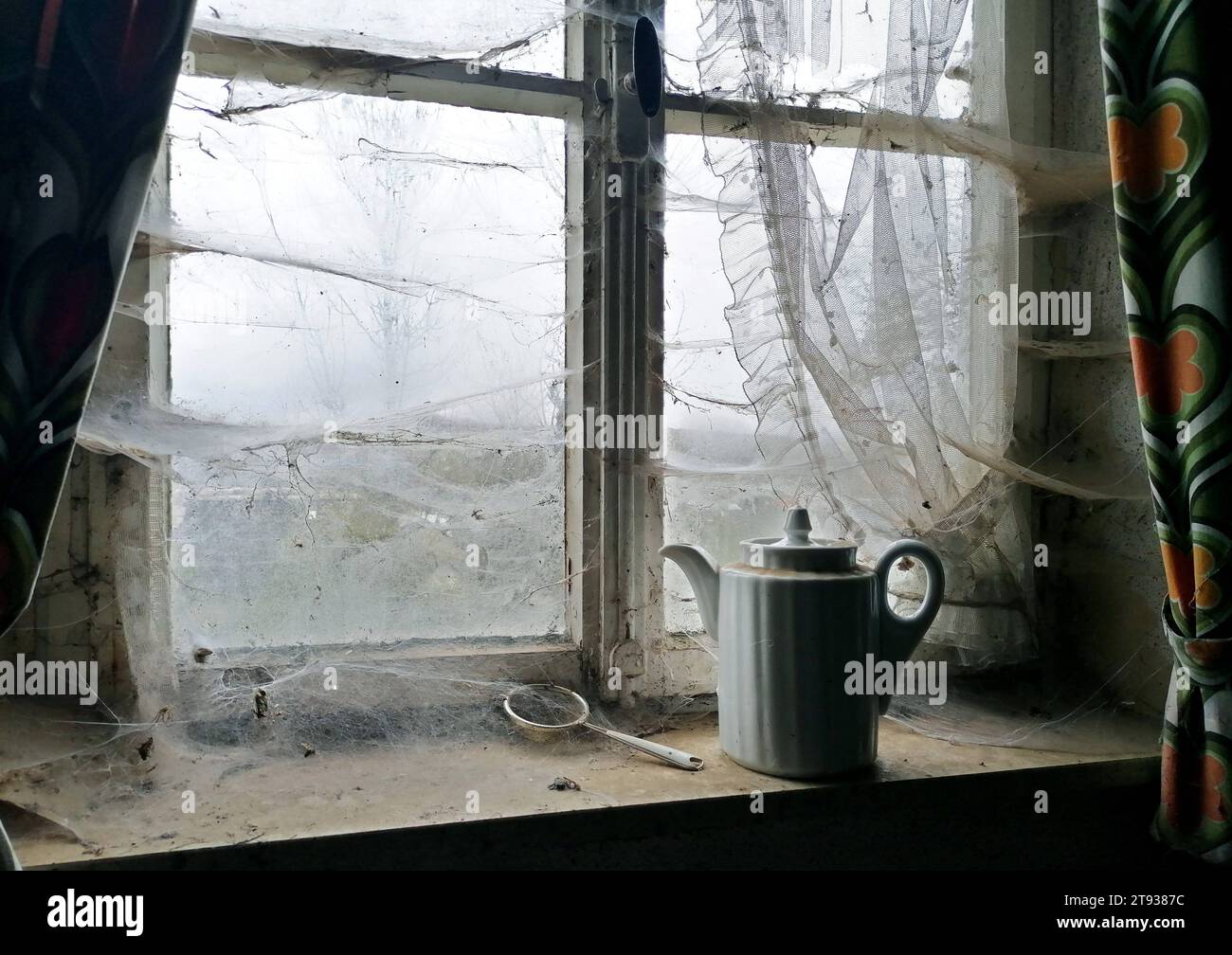 DATA RECORD NON INDICATA MIT Spinnweben überzogenes Küchenfenster in einem verlassenen Haus. *** Finestra della cucina coperta di ragnatele in una casa abbandonata Foto Stock