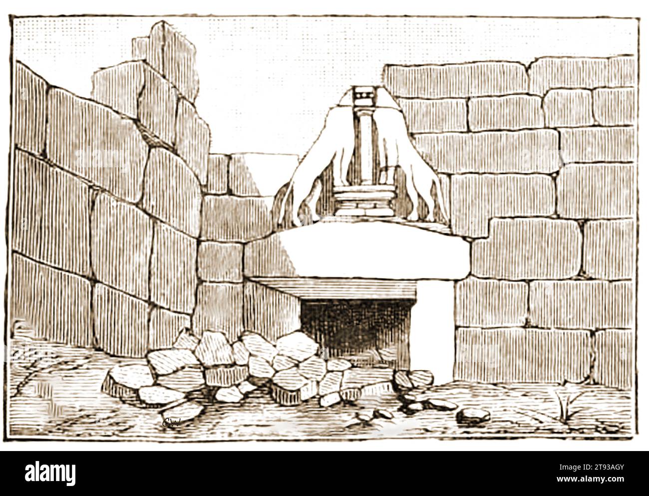 Un'incisione del XIX secolo della porta dei Leoni a Micene (Μυκῆναι Μυκήνη, Mykē̂nai o Mykḗnē) -Ένα χαρακτικό του 19ου αιώνα της Πύλης των Λιονταριών στις Μυκήνες (Μυκῆναι Μυκήνη, Mykē̂nai ή Mykḗnē) - Foto Stock