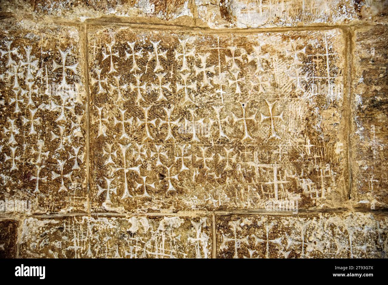 Graffiti crociati nella Chiesa del Santo Sepolcro. Gerusalemme, Israele, XI secolo. Foto Stock