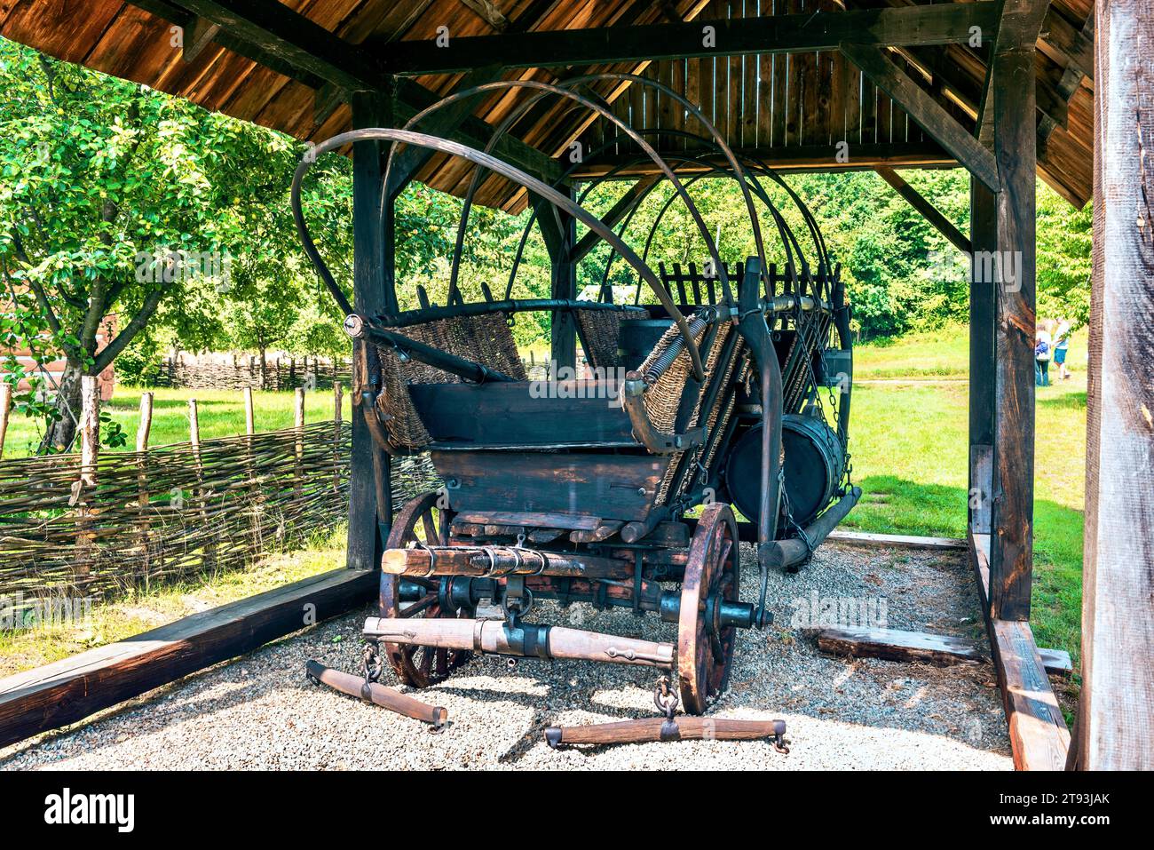 Carrozza trainata da cavalli con ortica sotto un baldacchino, Sanok, Polonia. Foto Stock