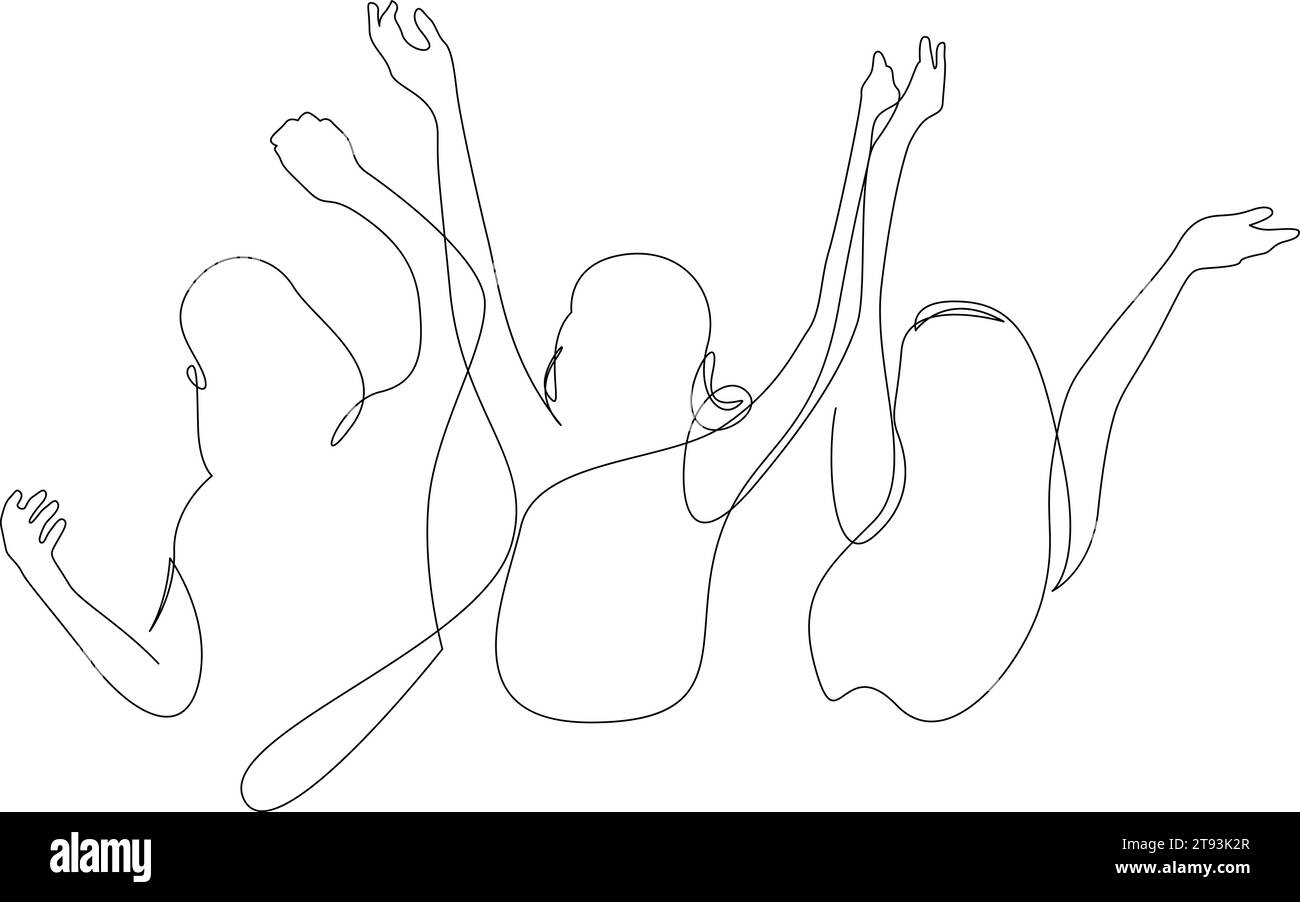 Allegro gruppo di tre donne che incoraggiano l'illustrazione. Alza le mani applausi la gente continua a disegnare una linea. La folla di ragazze in piedi a un concerto, a una riunione. V Illustrazione Vettoriale