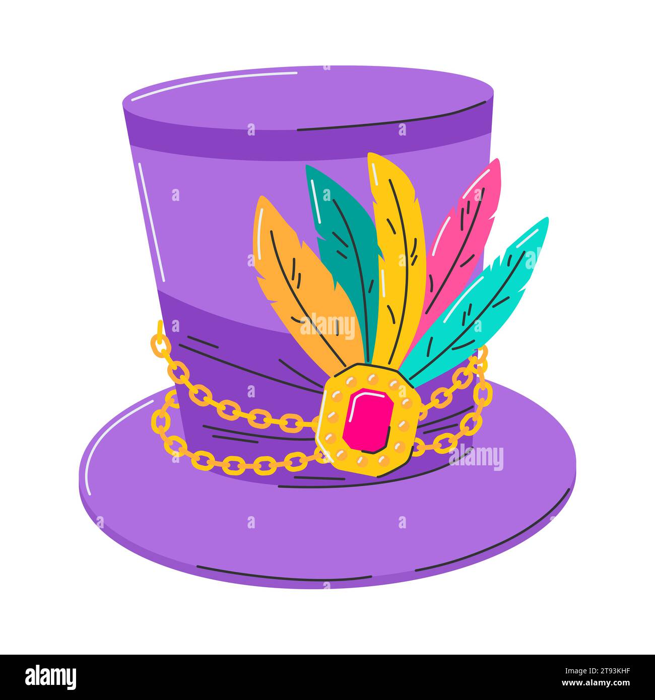 Cappello con piume e fibbia decorativa. Un simbolo del Mardi Gras. Un copricapo per un vestito elegante, costume di Masquerade. Un elemento di design luminoso. Vect piatto Illustrazione Vettoriale