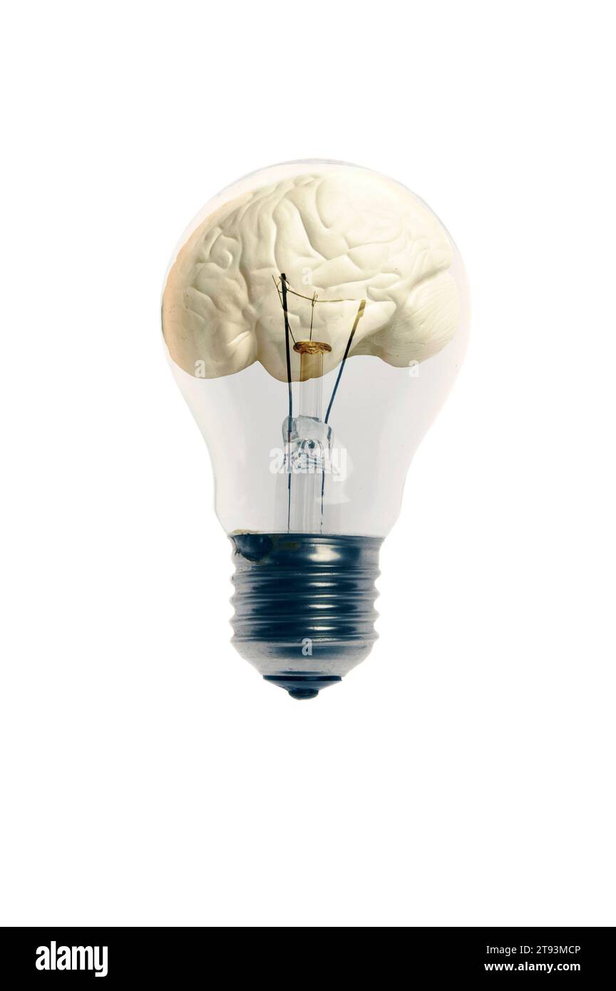 lampadina con un cervello umano all'interno, idee e concetto di brainstorming Foto Stock
