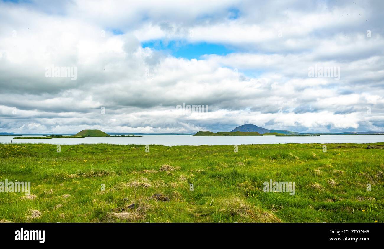 Lago Myvatn in estate nella regione settentrionale dell'Islanda, in Europa. Paesaggio estivo Foto Stock