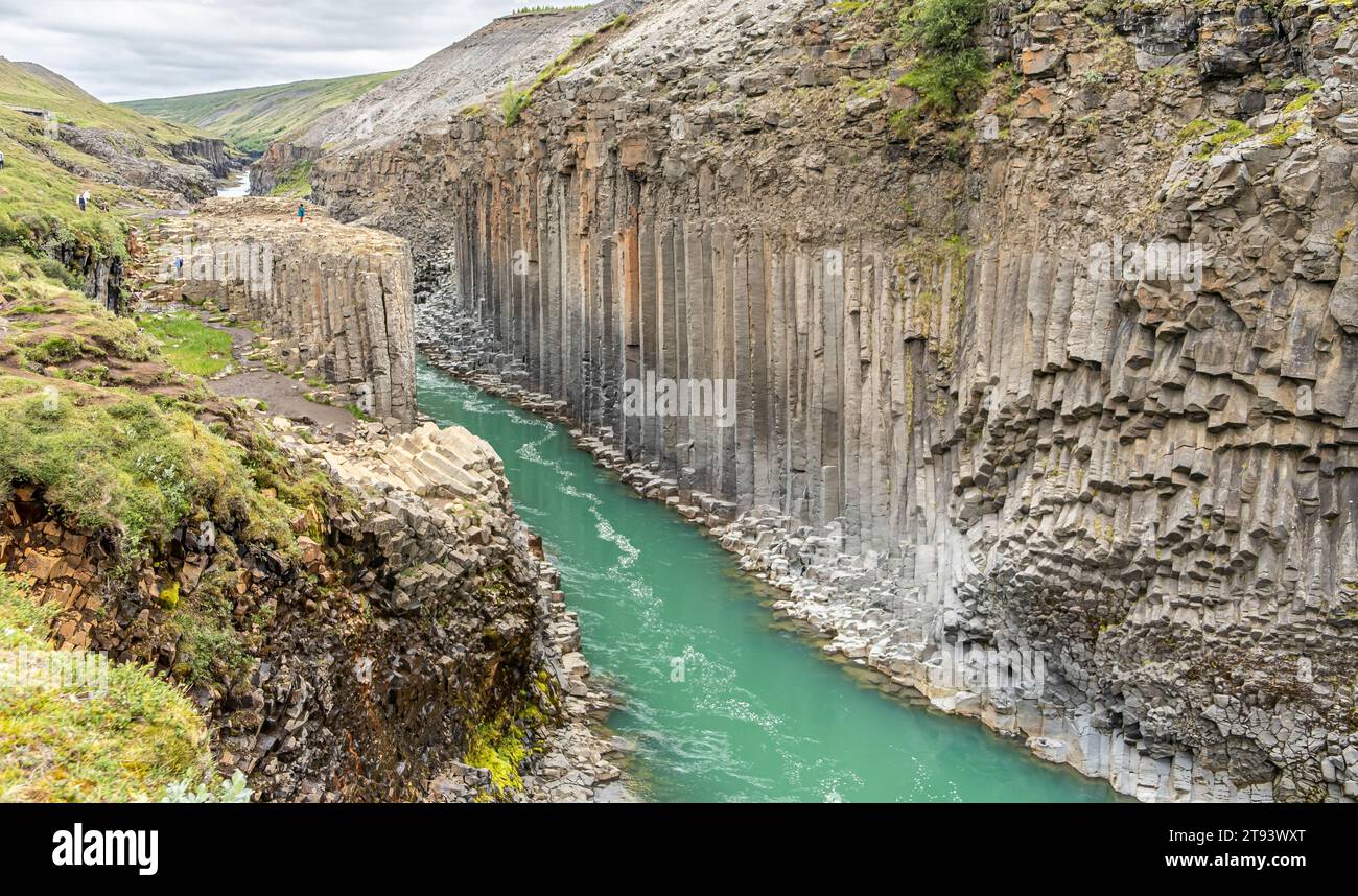 Il fiume Jokla attraversa il canyon di Studlagil e passa per le colonne di basalto esagonali causate dai flussi di lava nel nord-est dell'Islanda, nella valle di Jokuldalur, Foto Stock