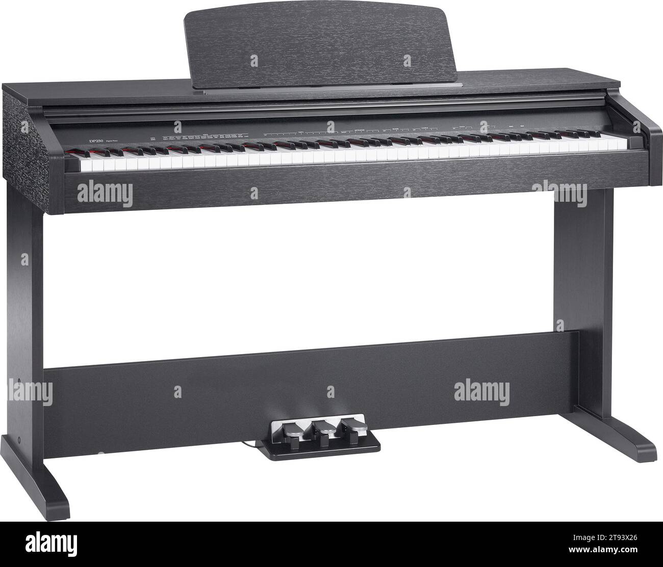 Pianoforte elettronico classico nero con tastiera su sfondo bianco Foto Stock