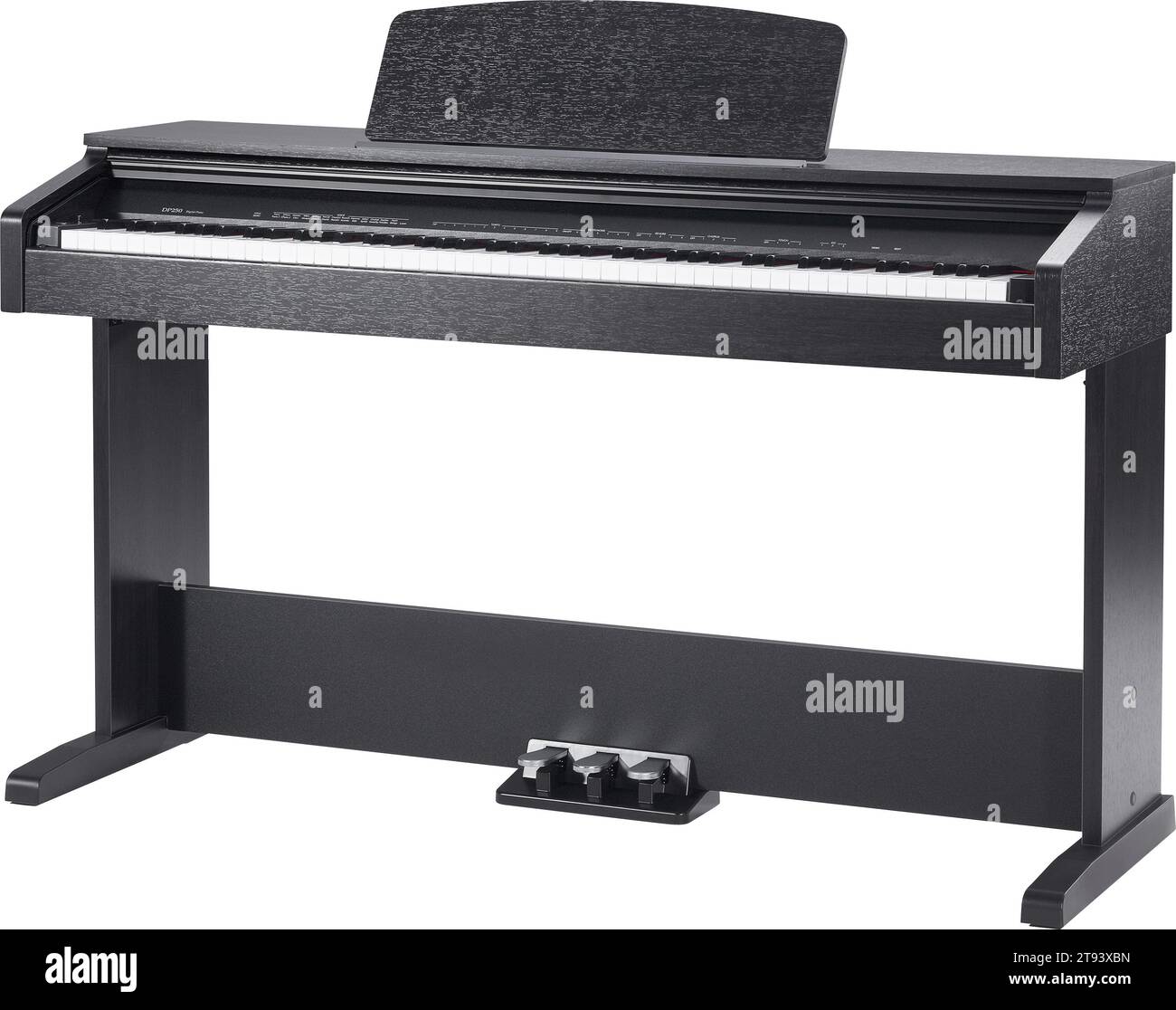 Pianoforte elettronico classico nero con tastiera su sfondo bianco Foto Stock