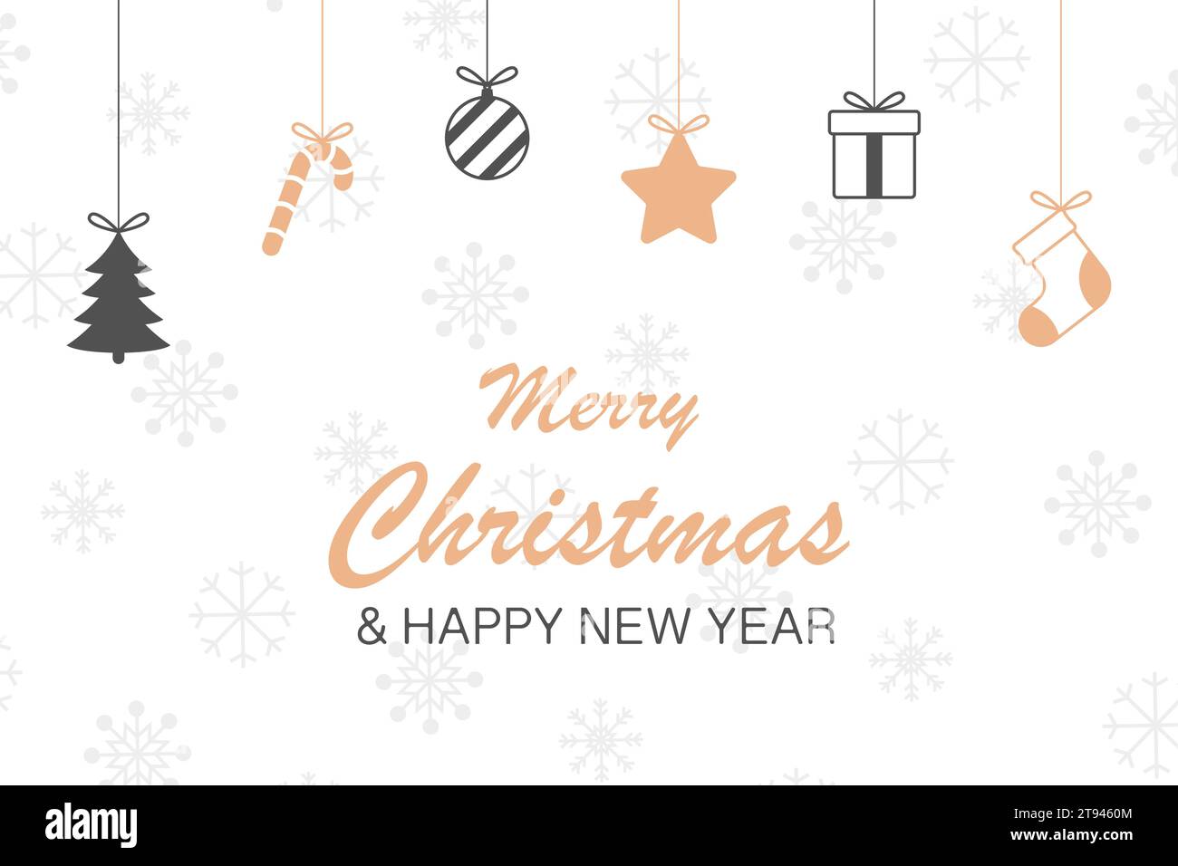 Giocattoli per le feste, albero di Natale. Giocattoli di Natale dorati appesi con l'iscrizione Capodanno. Illustrazione vettoriale Illustrazione Vettoriale