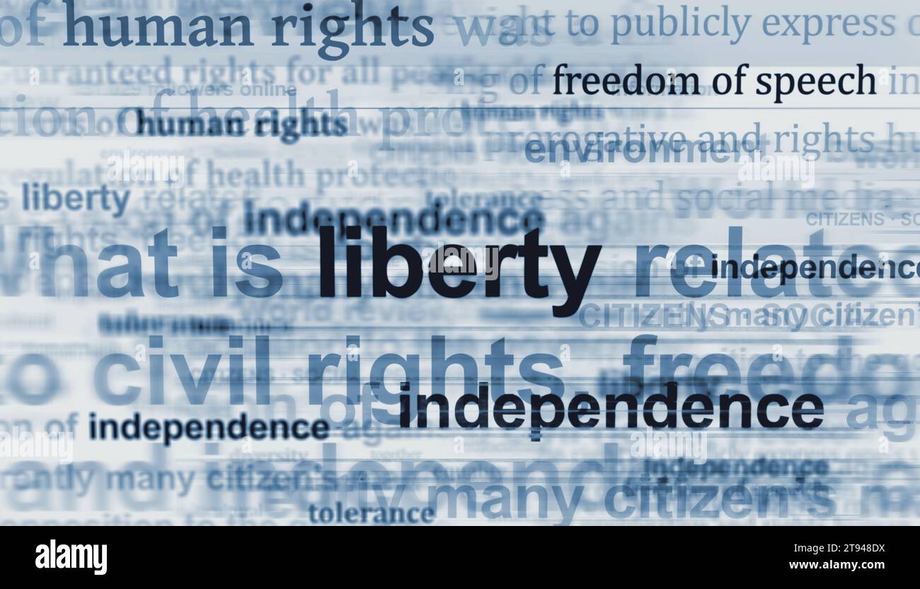 Libertà di parola libertà diritti umani tolleranza indipendenza. Titoli di notizie internazionali media astratti Concept illustrazione 3D. Foto Stock