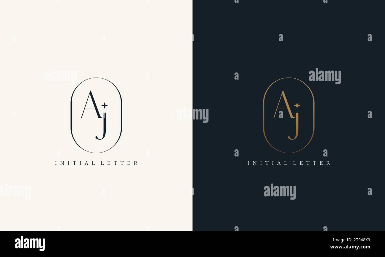 Monogramma Premium con logo AJ e montatura circolare dorata. design con iniziali di lusso, carattere moderno e minimale. Illustrazione Vettoriale