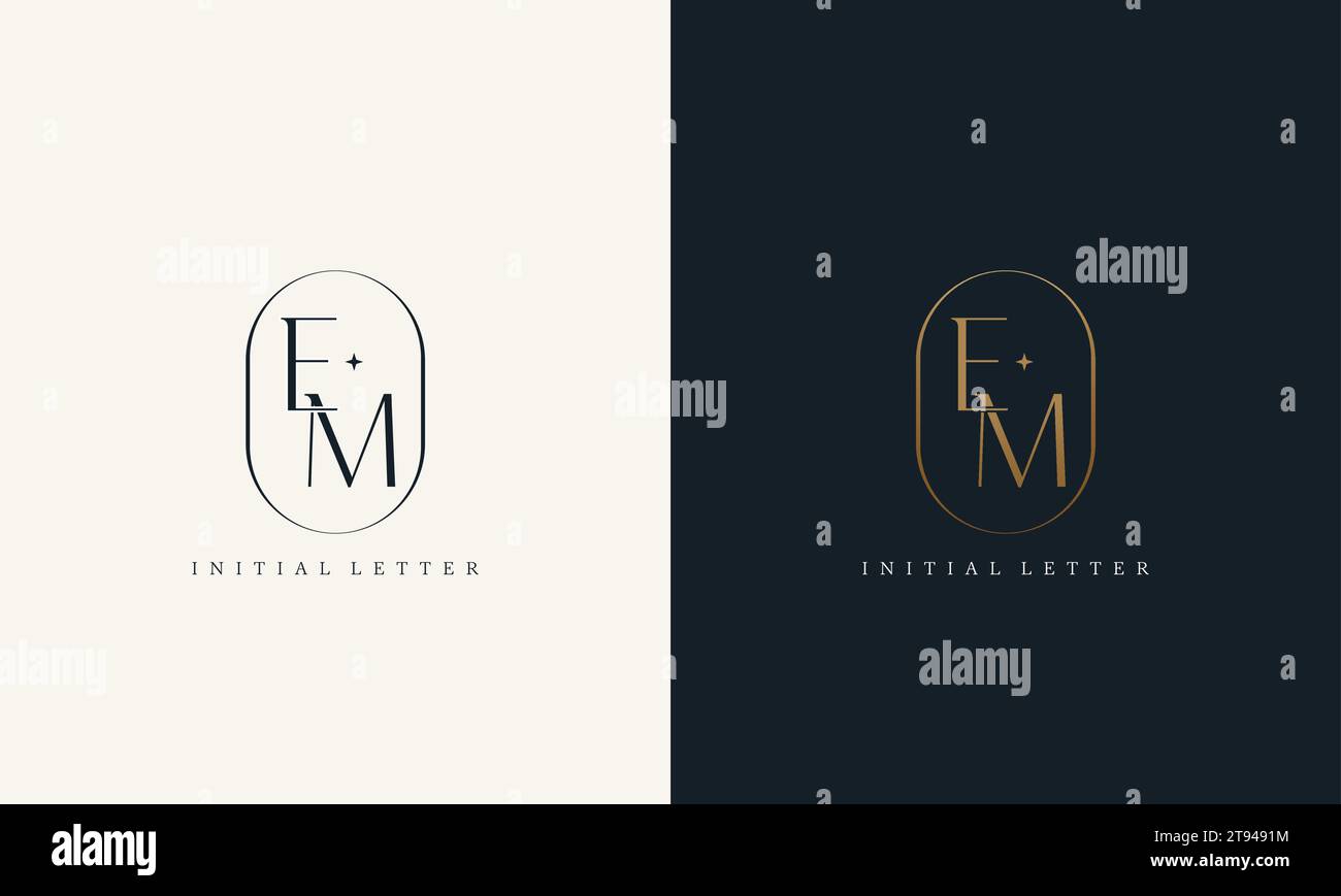 Monogramma con logo Premium EM e montatura circolare dorata. design con iniziali di lusso, carattere moderno e minimale. Illustrazione Vettoriale