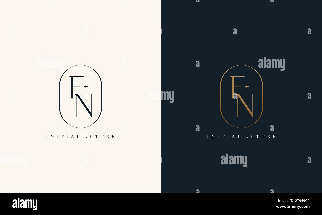 Monogramma con logo Premium FN e montatura circolare dorata. design con iniziali di lusso, carattere moderno e minimale. Illustrazione Vettoriale