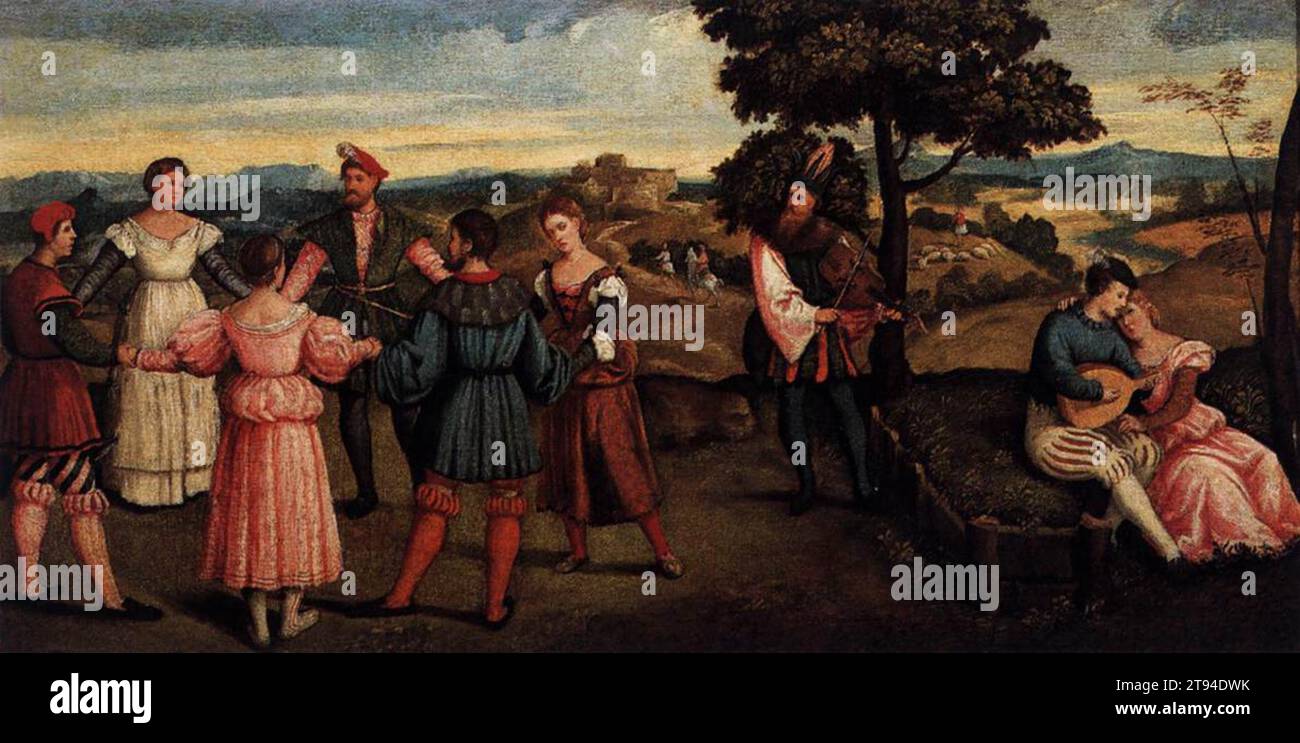 Intrattenimento all'aperto con ballerini anni '1540 di Bonifacio Veronese Foto Stock