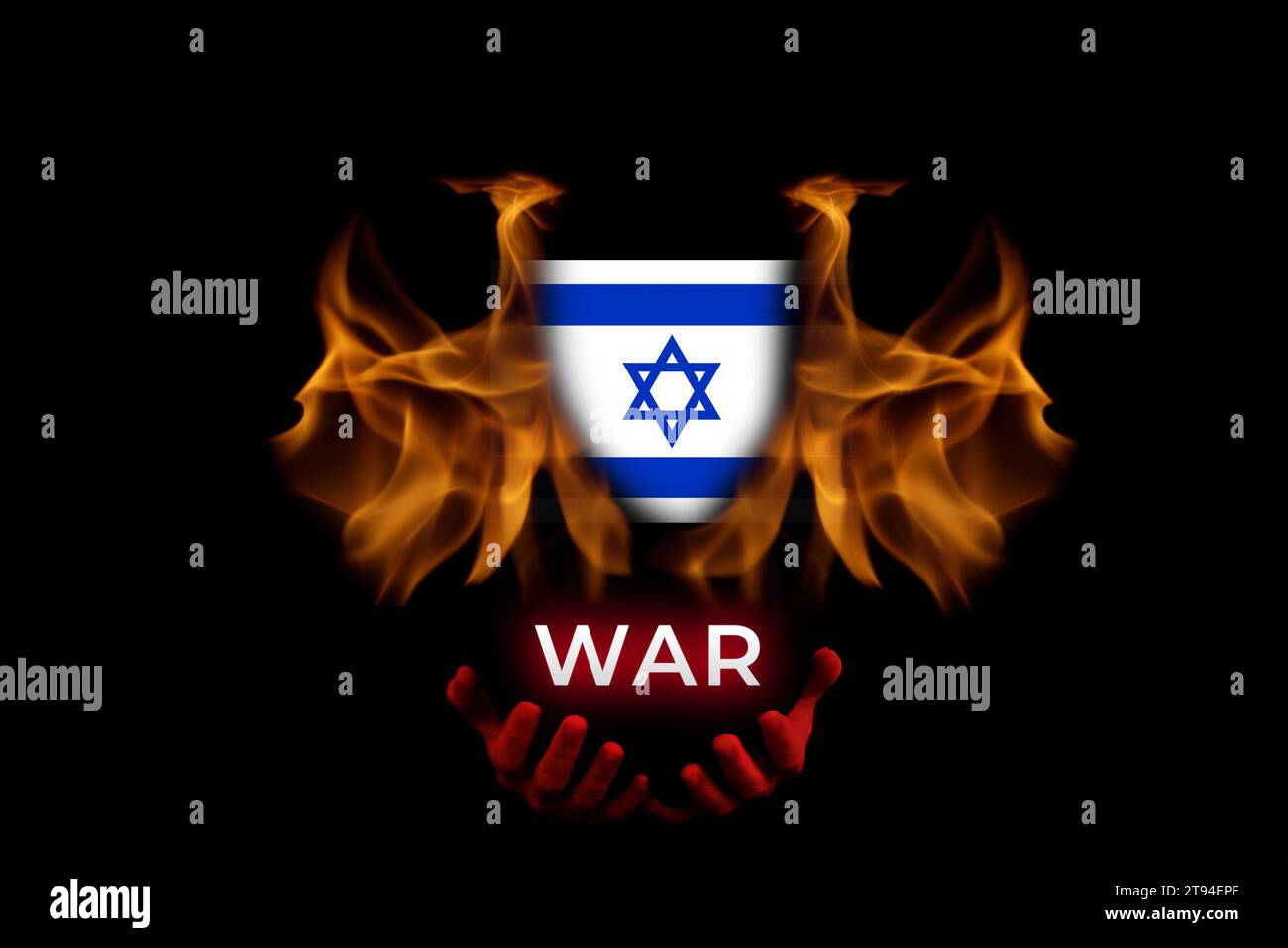 Palestina, guerra d'Israele. Banner per il design. Testo. Demone malvagio che tiene la bandiera di Israele. Fiamma e fuoco Foto Stock