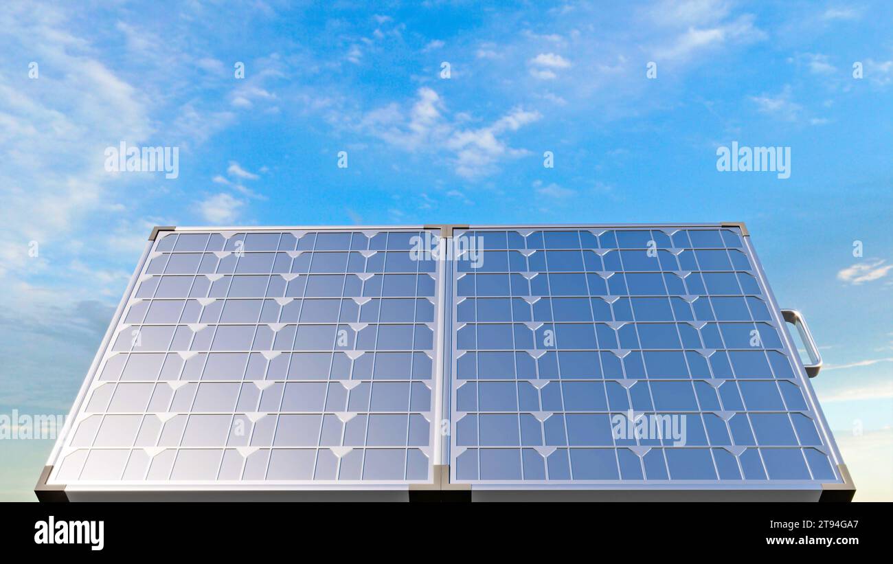 Pannelli solari inclinati, soluzioni per il risparmio energetico domestico. Produzione di energia elettrica a costi zero. rendering 3d. Foto Stock