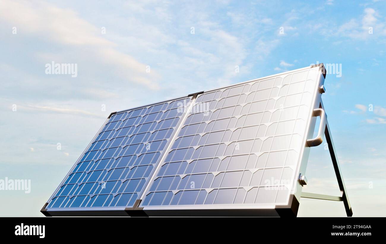 Pannelli solari inclinati, soluzioni per il risparmio energetico domestico. Produzione di energia elettrica a costi zero. rendering 3d. Foto Stock