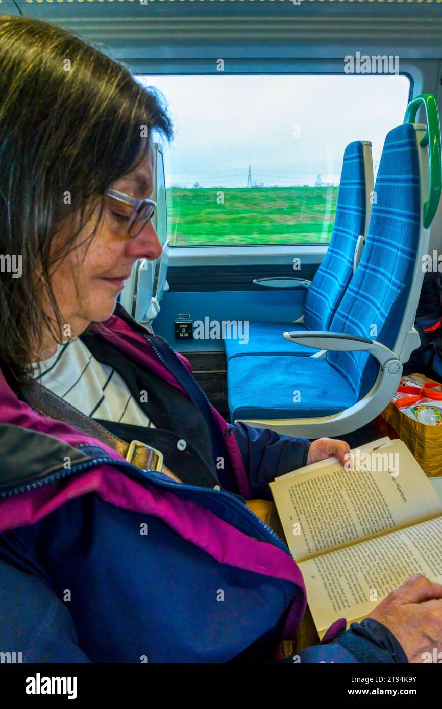 Una donna che legge un libro durante un viaggio in treno. Foto Stock