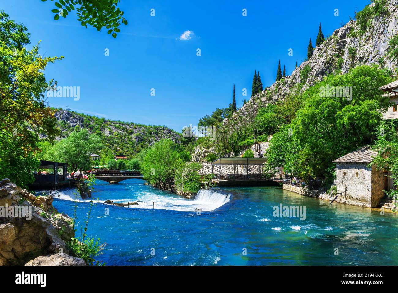 Il fiume Buna vicino a Blagaj, Mostar, Bosnia ed Erzegovina Foto Stock