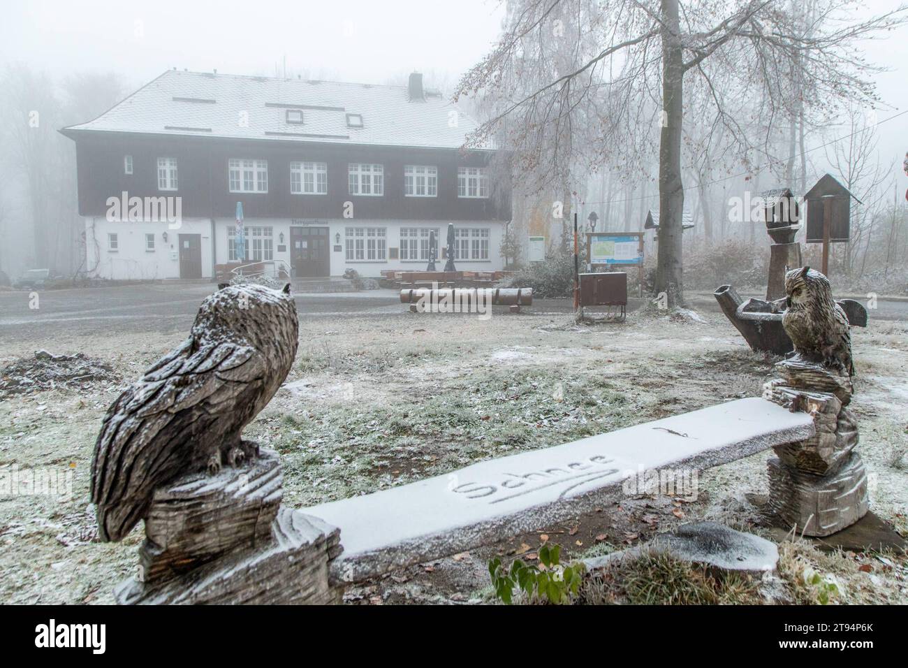 231122Schnee News ID: EN 2023-11-22 Neuschnee Ende der Woche erwartet Erster Vorgeschmack des Winters am heutigen Mittwochmorgen Scheibenberg. Wer im Erzgebirge oberhalb 500 Höhenmeter am heutigen Mittwochmorgen aus dem Fenster blickte, dem sind wohl die Weißen Dächer und Autos aufgefallen. MIT einer nördlichen Strömung gelangte vergangene Nacht, kältere Luft nach Deutschland. Dort wo sich Nebel gebildet hatte, bildete sich bei Temperaturen um den Gefrierpunkt, Raureif an Bäumen, Pflanzen, Autos und Hausdächern. Dazu hatte es vergangene Nacht leichten Schneegriesel gegeben. Tief gefroren zeigt Foto Stock